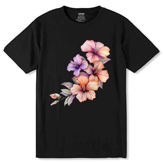 Hibiscus Flowers Tropical Floral - Unisex Round Neck Regular Fit 100% Combed Cotton Half Sleeve T-Shirt - Mojilo Mart