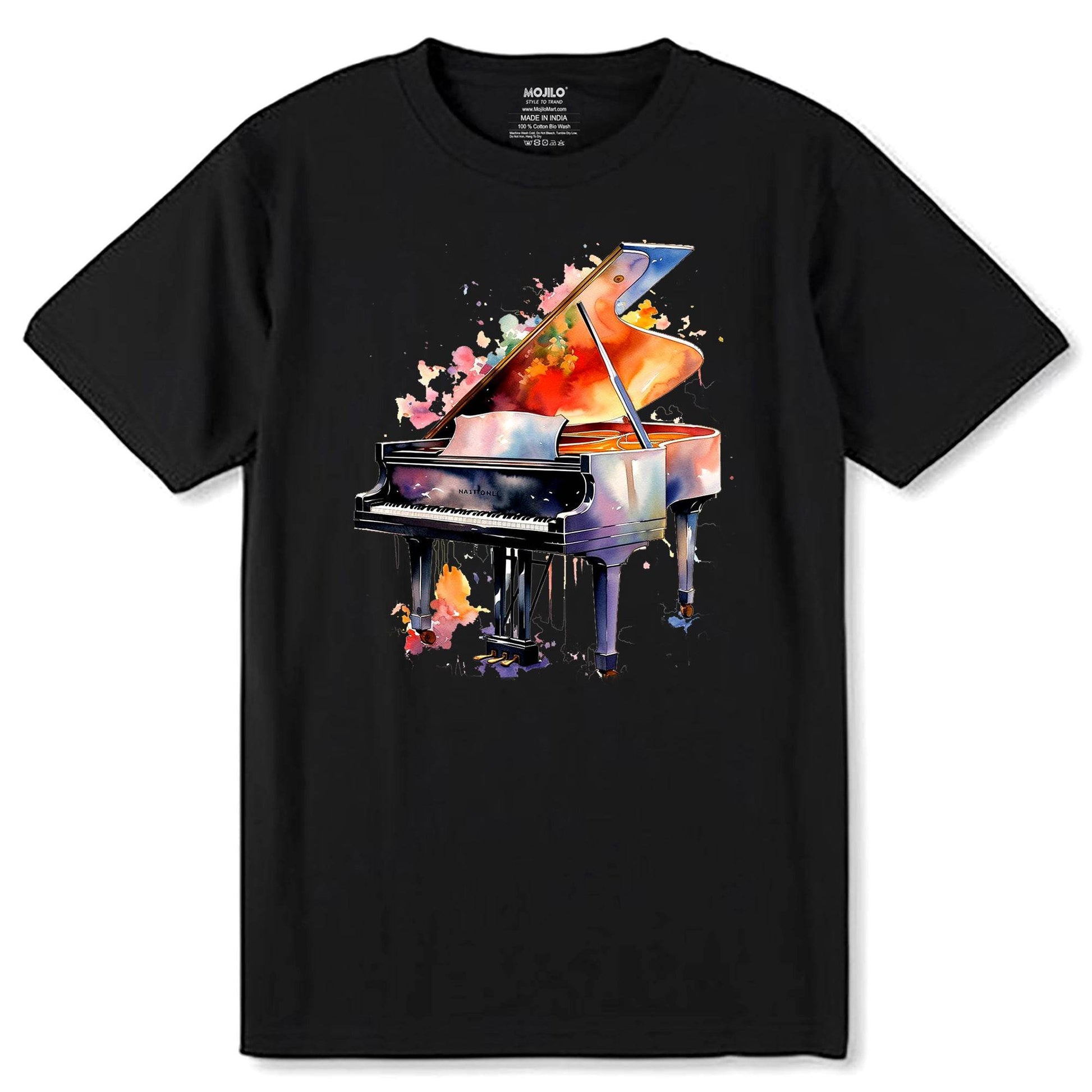 Instrument Watercolor Musical Piano - Unisex Round Neck Regular Fit 100% Combed Cotton Half Sleeve T-Shirt - Mojilo Mart