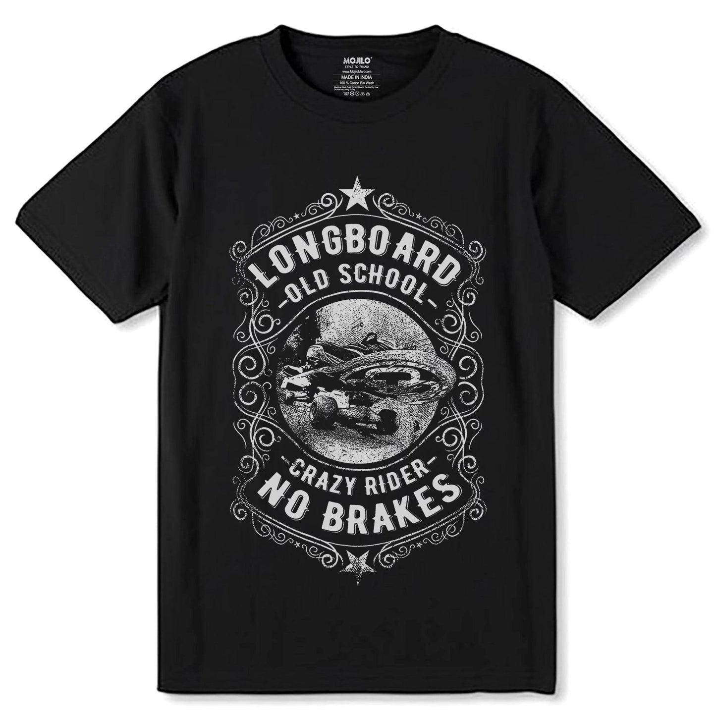 LONGBOARD OLD SCHOOL CRAZY RIDER NO BRAKES - Unisex Round Neck Regular Fit 100% Combed Cotton Half Sleeve T-Shirt - Mojilo Mart
