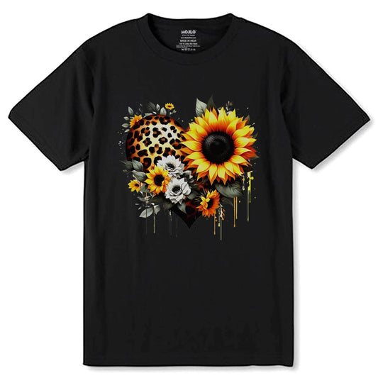 Leopard print heart design with sunflowers - Unisex Round Neck Regular Fit 100% Combed Cotton Half Sleeve T-Shirt - Mojilo Mart