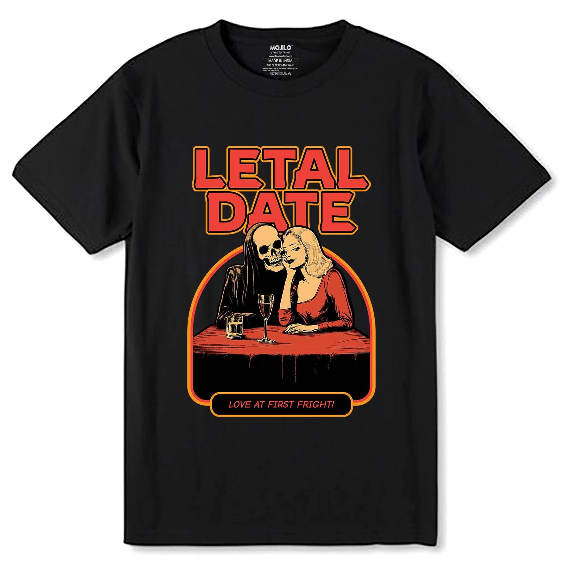 Letal Date Love At First Frighti - Unisex Round Neck Regular Fit 100% Combed Cotton Half Sleeve T-Shirt - Mojilo Mart
