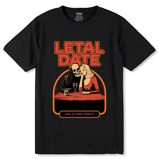 Letal Date Love At First Frighti - Unisex Round Neck Regular Fit 100% Combed Cotton Half Sleeve T-Shirt - Mojilo Mart