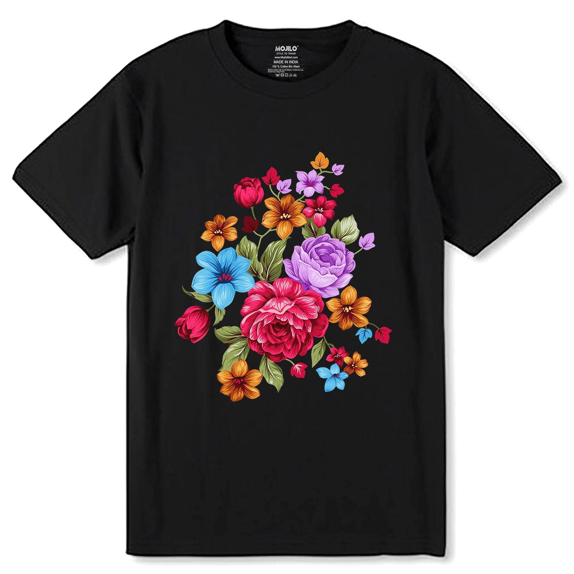 Loose Summer Flowers - Unisex Round Neck Regular Fit 100% Combed Cotton Half Sleeve T-Shirt - Mojilo Mart