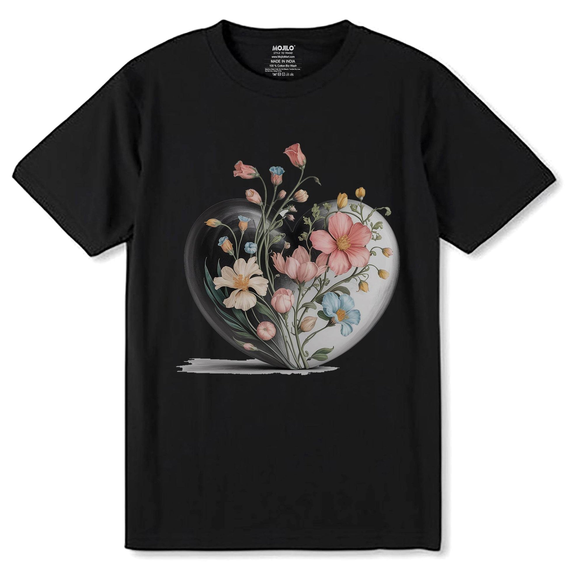 Love Flower Heart - Unisex Round Neck Regular Fit 100% Combed Cotton Half Sleeve T-Shirt - Mojilo Mart