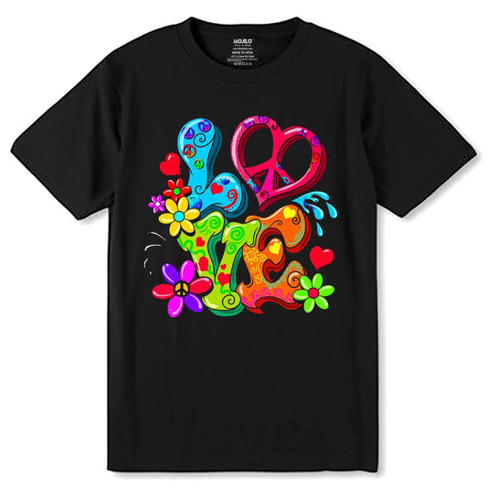 Love Peace Hand Sign Retro Floral Peace Symbol - Unisex Round Neck Regular Fit 100% Combed Cotton Half Sleeve T-Shirt - Mojilo Mart