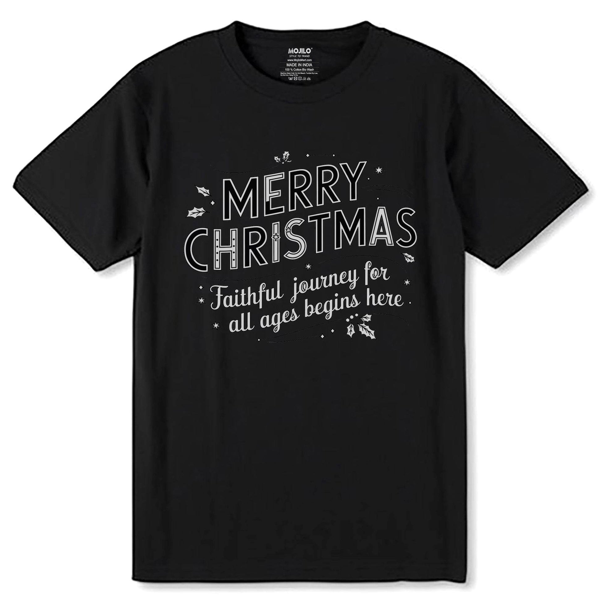 MERRY CHRISTMAS Faithful Journey For All Ages Begins Here - Unisex Round Neck Regular Fit 100% Combed Cotton Half Sleeve T-Shirt - Mojilo Mart