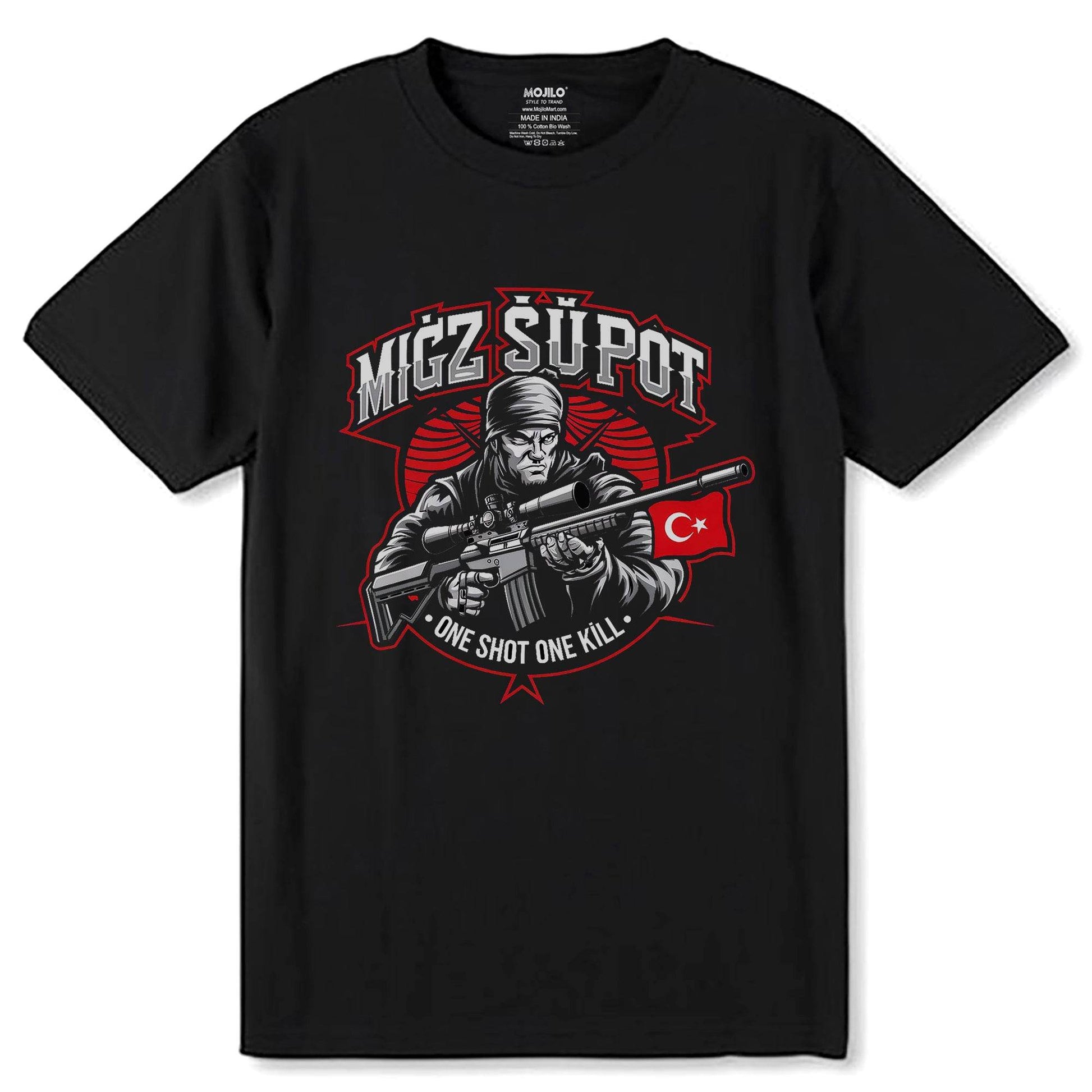 MIGZ SUPOT ONE SHOT ONE K?LL - Unisex Round Neck Regular Fit 100% Combed Cotton Half Sleeve T-Shirt - Mojilo Mart