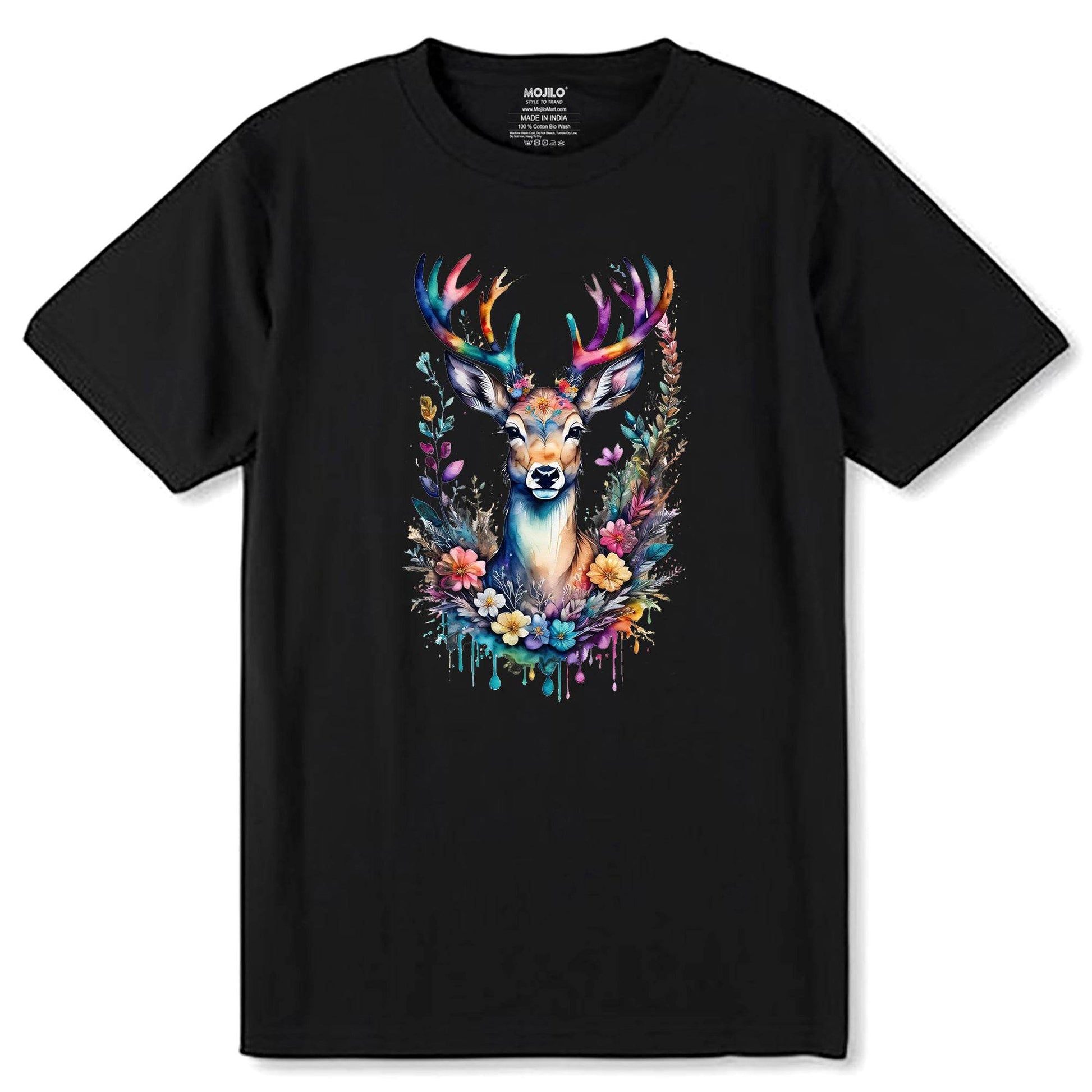 Magic Deer Antlers Forest Psychedelic deer Art - Unisex Round Neck Regular Fit 100% Combed Cotton Half Sleeve T-Shirt - Mojilo Mart