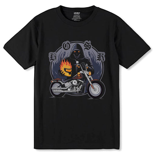 Man with fire bike - Unisex Round Neck Regular Fit 100% Combed Cotton Half Sleeve T-Shirt - Mojilo Mart