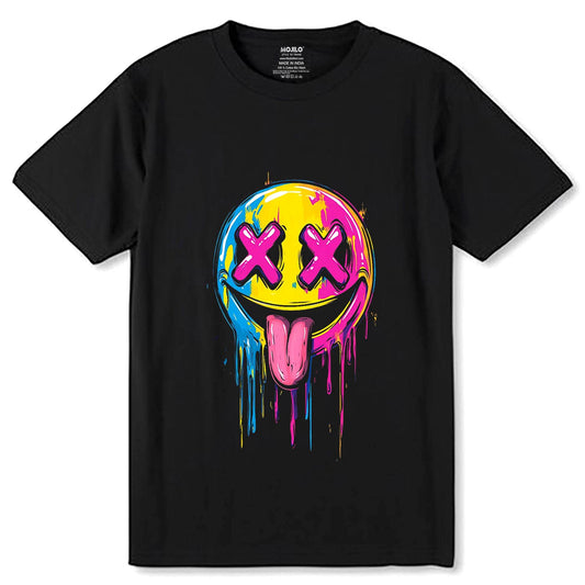 Melting Glitchy Smiling Face - Unisex Round Neck Regular Fit 100% Combed Cotton Half Sleeve T-Shirt - Mojilo Mart