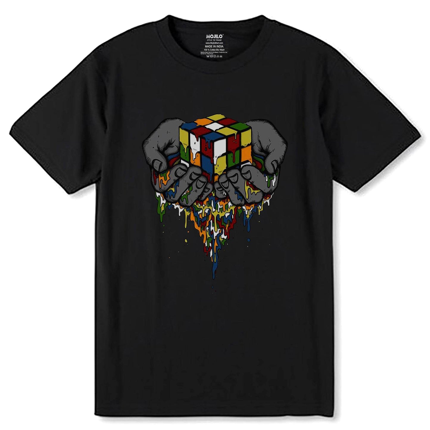 Melting Rubik's Cube in Hands - Unisex Round Neck Regular Fit 100% Combed Cotton Half Sleeve T-Shirt - Mojilo Mart