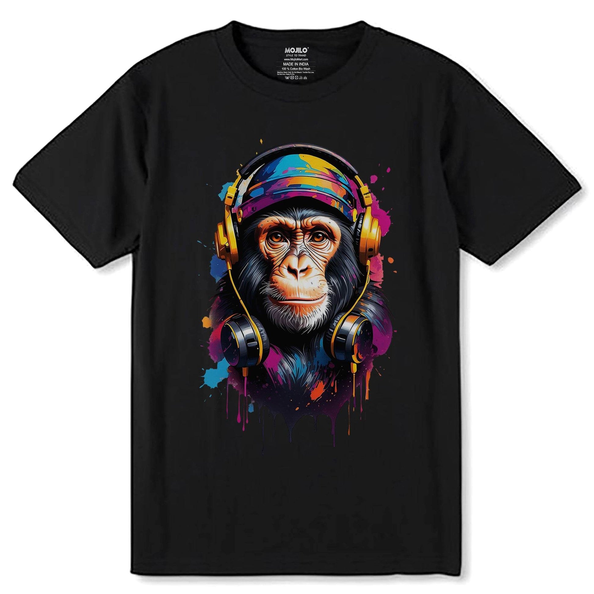 Monkey With Headphones - Unisex Round Neck Regular Fit 100% Combed Cotton Half Sleeve T-Shirt - Mojilo Mart