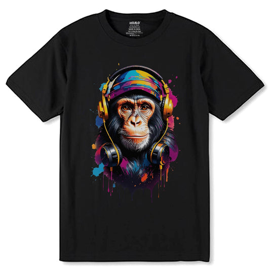 Monkey With Headphones - Unisex Round Neck Regular Fit 100% Combed Cotton Half Sleeve T-Shirt - Mojilo Mart