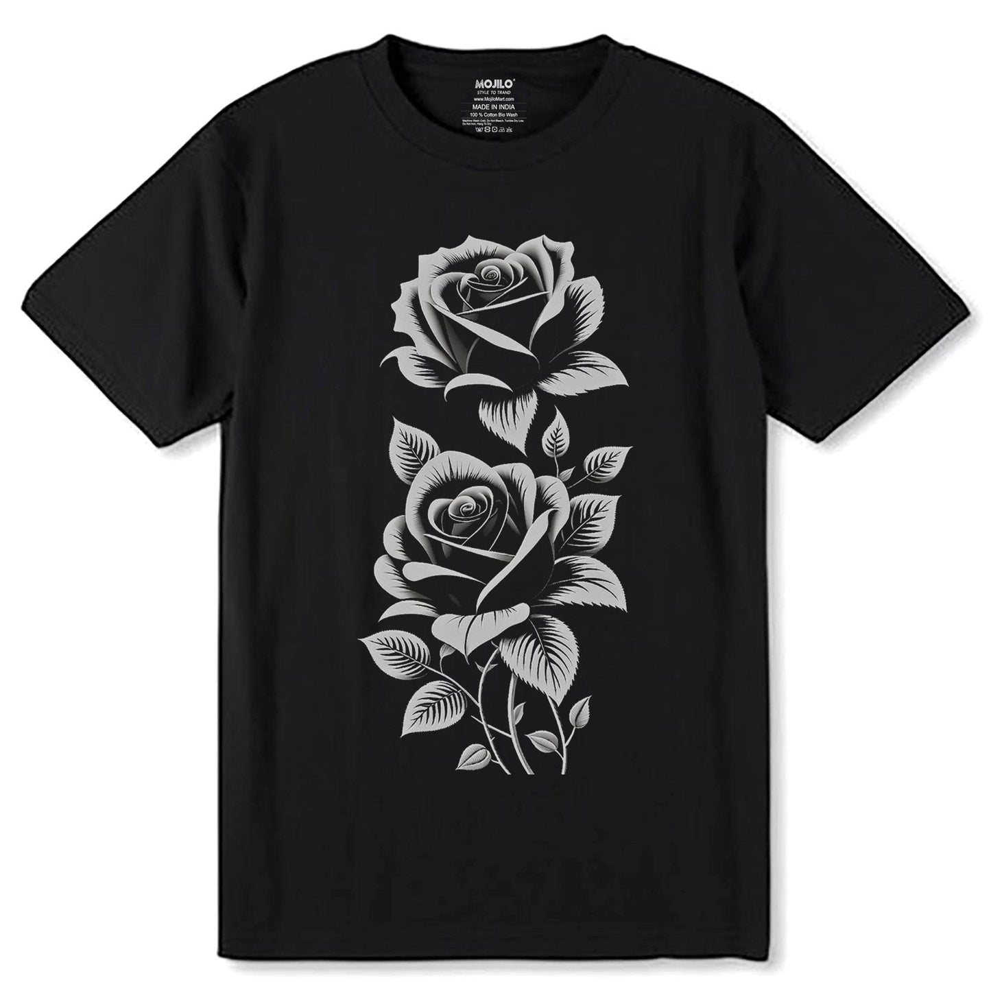 Monochrome Roses Beading Tapestry Pattern - Unisex Round Neck Regular Fit 100% Combed Cotton Half Sleeve T-Shirt - Mojilo Mart