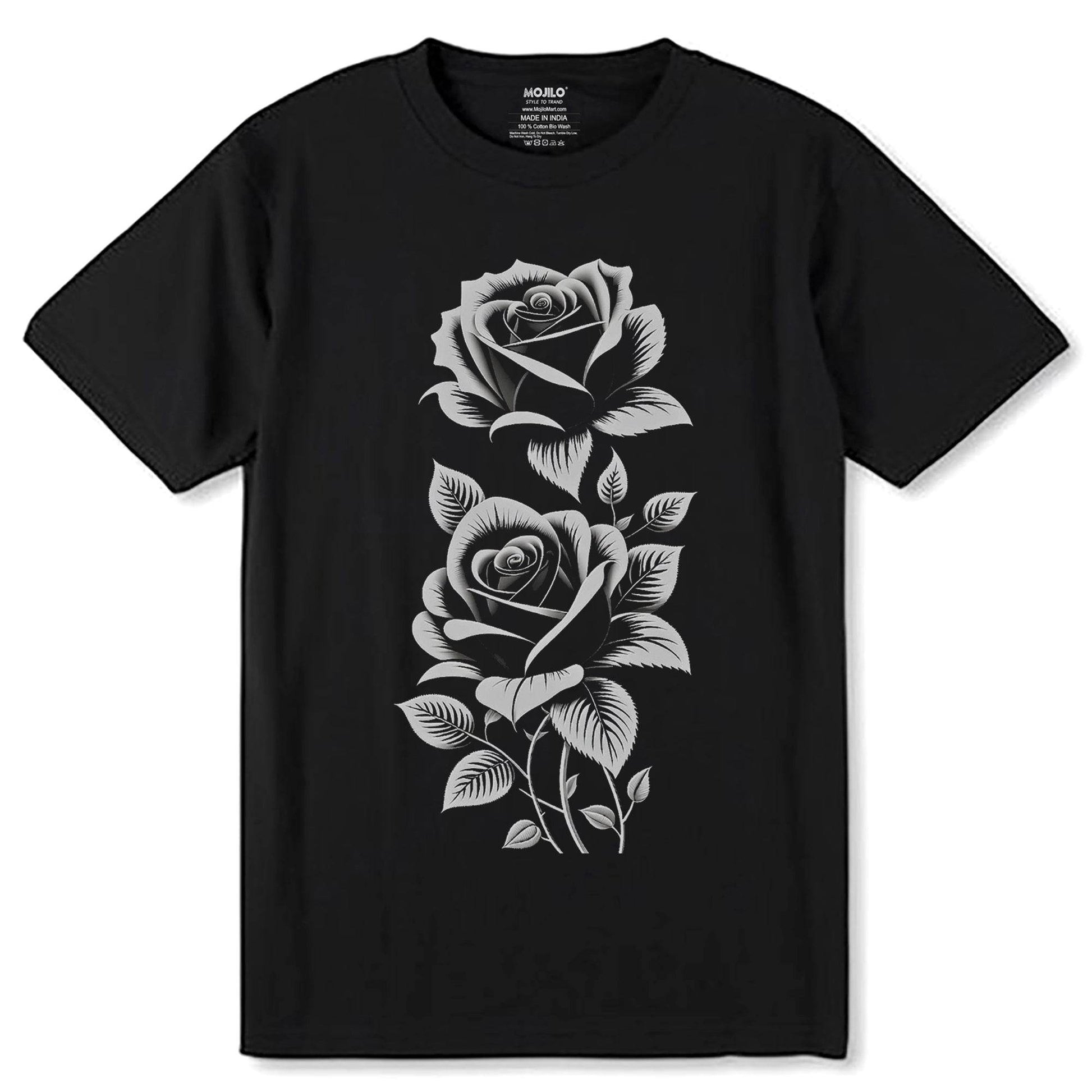 Monochrome Roses Beading Tapestry Pattern - Unisex Round Neck Regular Fit 100% Combed Cotton Half Sleeve T-Shirt - Mojilo Mart