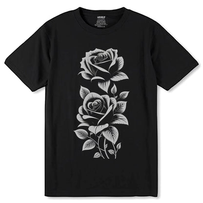 Monochrome Roses Beading Tapestry Pattern - Unisex Round Neck Regular Fit 100% Combed Cotton Half Sleeve T-Shirt - Mojilo Mart