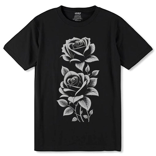 Monochrome Roses Beading Tapestry Pattern - Unisex Round Neck Regular Fit 100% Combed Cotton Half Sleeve T-Shirt - Mojilo Mart