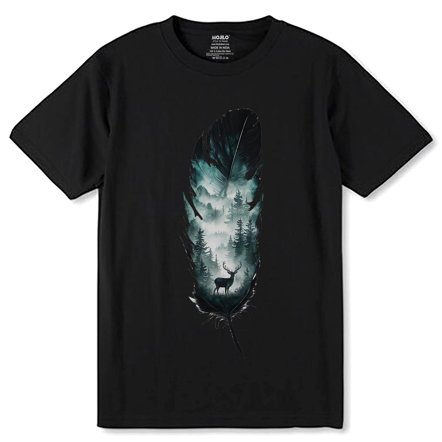 Moose with a forest - Unisex Round Neck Regular Fit 100% Combed Cotton Half Sleeve T-Shirt - Mojilo Mart