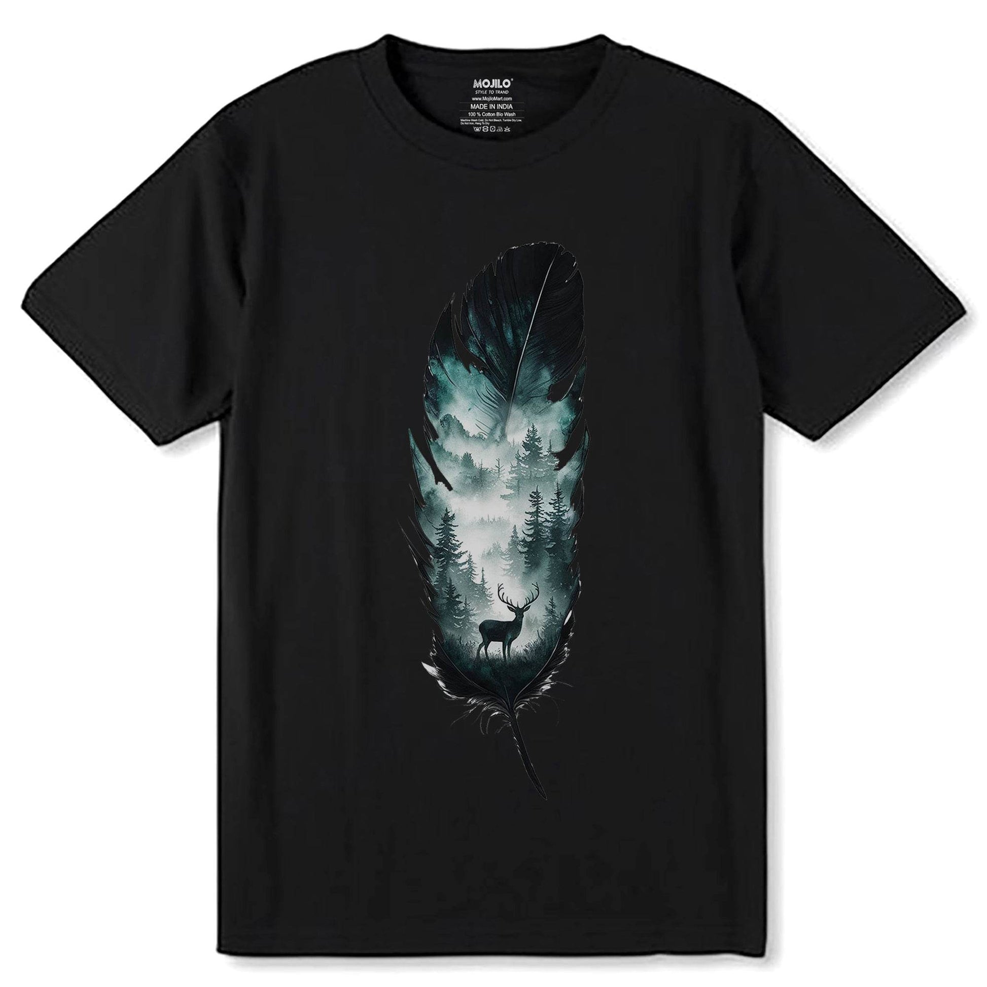 Moose with a forest - Unisex Round Neck Regular Fit 100% Combed Cotton Half Sleeve T-Shirt - Mojilo Mart