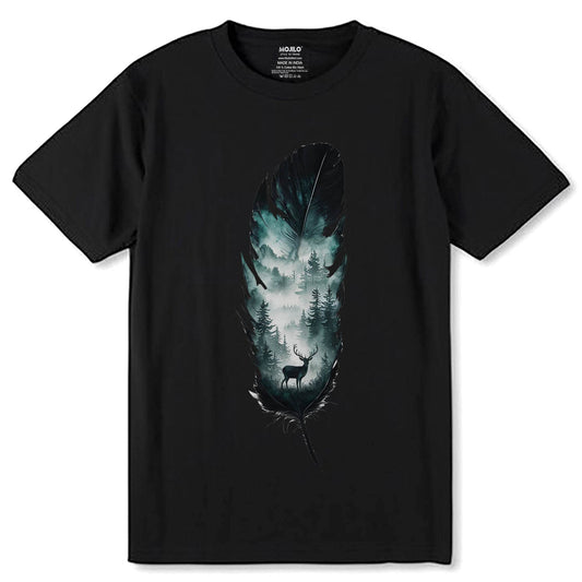 Moose with a forest - Unisex Round Neck Regular Fit 100% Combed Cotton Half Sleeve T-Shirt - Mojilo Mart