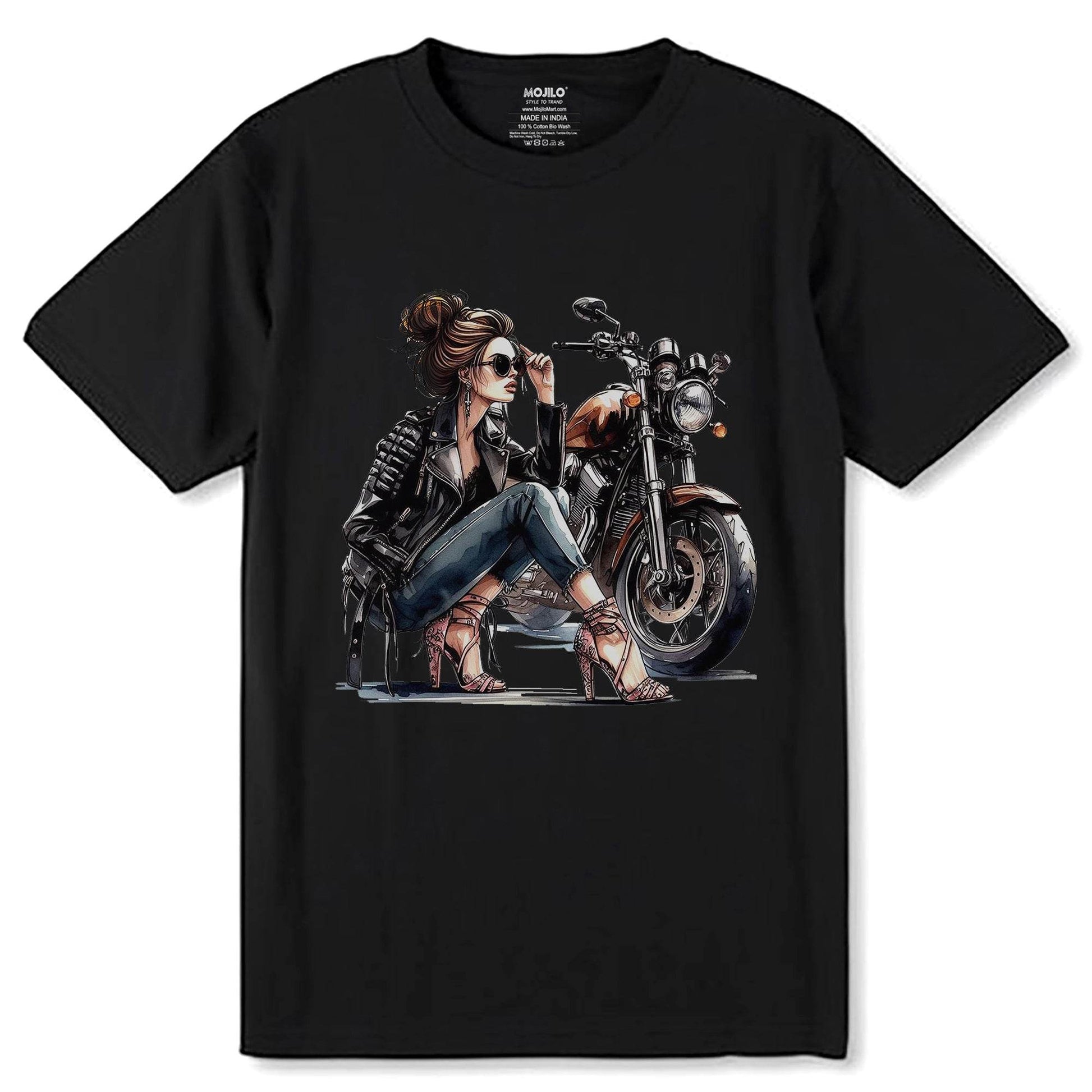Motorcycle Girl Art - Unisex Round Neck Regular Fit 100% Combed Cotton Half Sleeve T-Shirt - Mojilo Mart