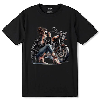 Motorcycle Girl Art - Unisex Round Neck Regular Fit 100% Combed Cotton Half Sleeve T-Shirt - Mojilo Mart