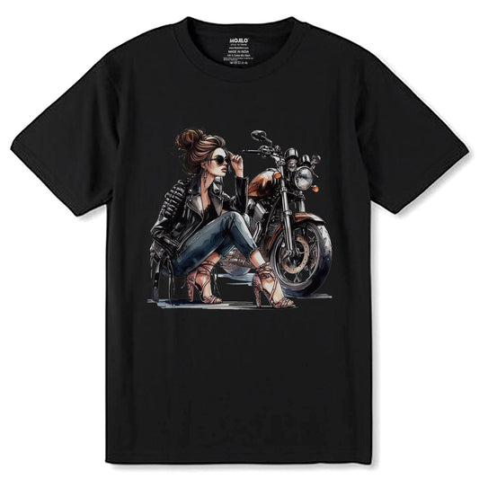 Motorcycle Girl Art - Unisex Round Neck Regular Fit 100% Combed Cotton Half Sleeve T-Shirt - Mojilo Mart