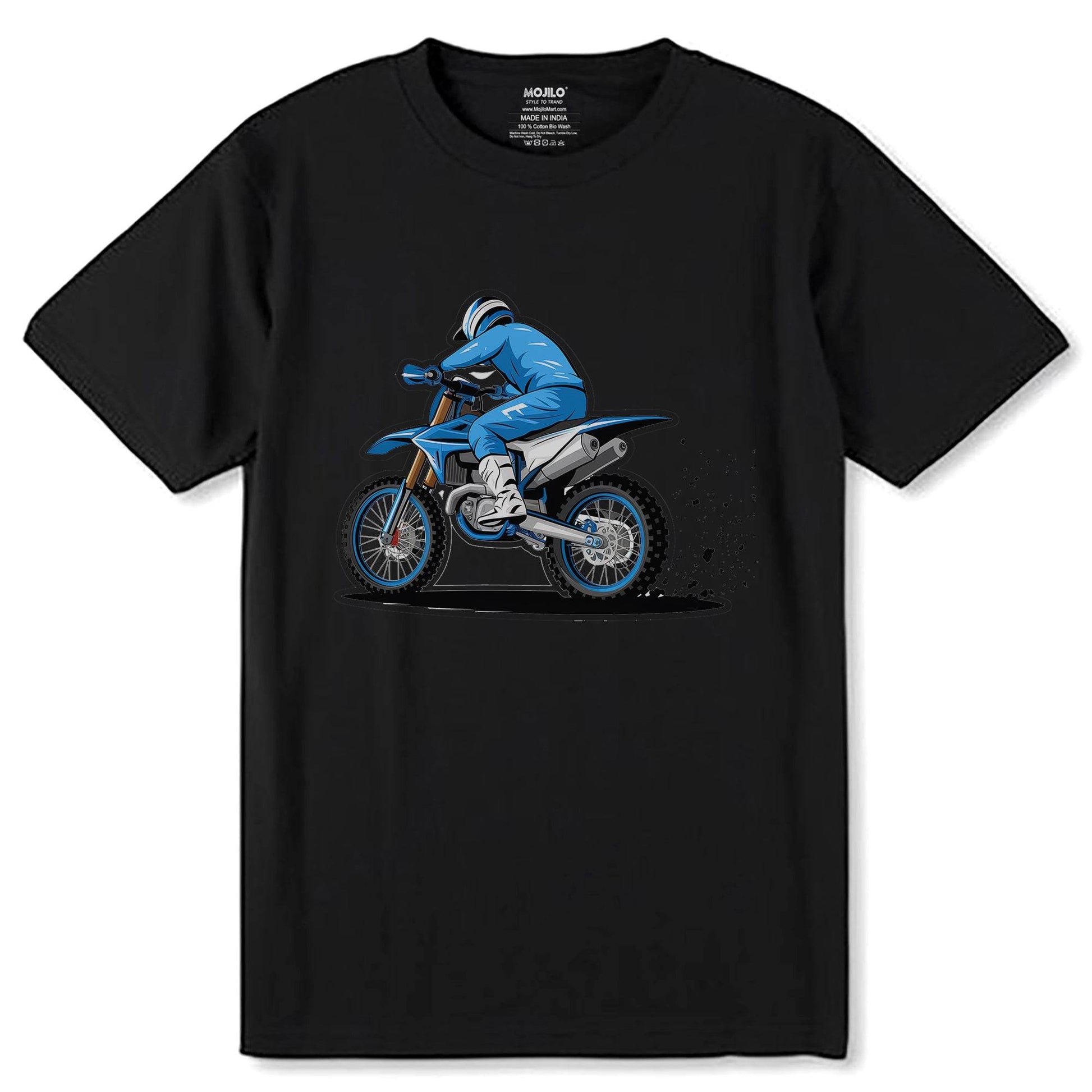Motorcyclist In Blue And White Riding - Unisex Round Neck Regular Fit 100% Combed Cotton Half Sleeve T-Shirt - Mojilo Mart