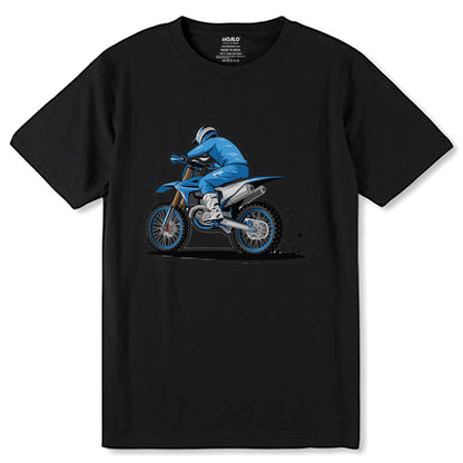 Motorcyclist In Blue And White Riding - Unisex Round Neck Regular Fit 100% Combed Cotton Half Sleeve T-Shirt - Mojilo Mart