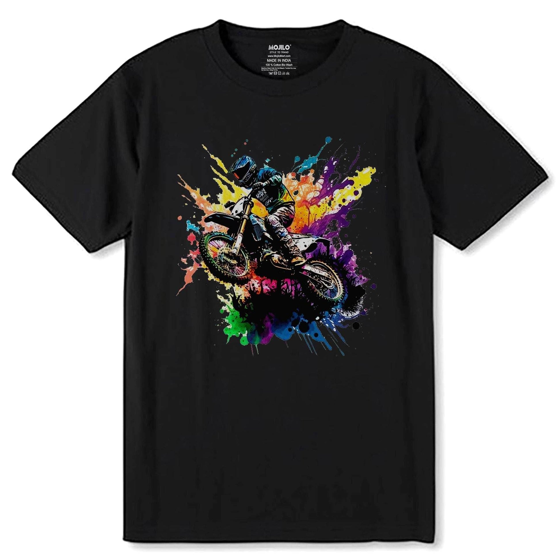 Motorcyclist riding a dirt bike in a colorful - Unisex Round Neck Regular Fit 100% Combed Cotton Half Sleeve T-Shirt - Mojilo Mart