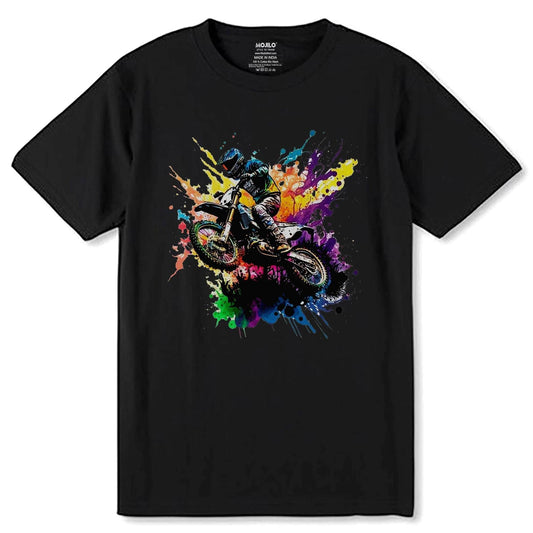Motorcyclist riding a dirt bike in a colorful - Unisex Round Neck Regular Fit 100% Combed Cotton Half Sleeve T-Shirt - Mojilo Mart