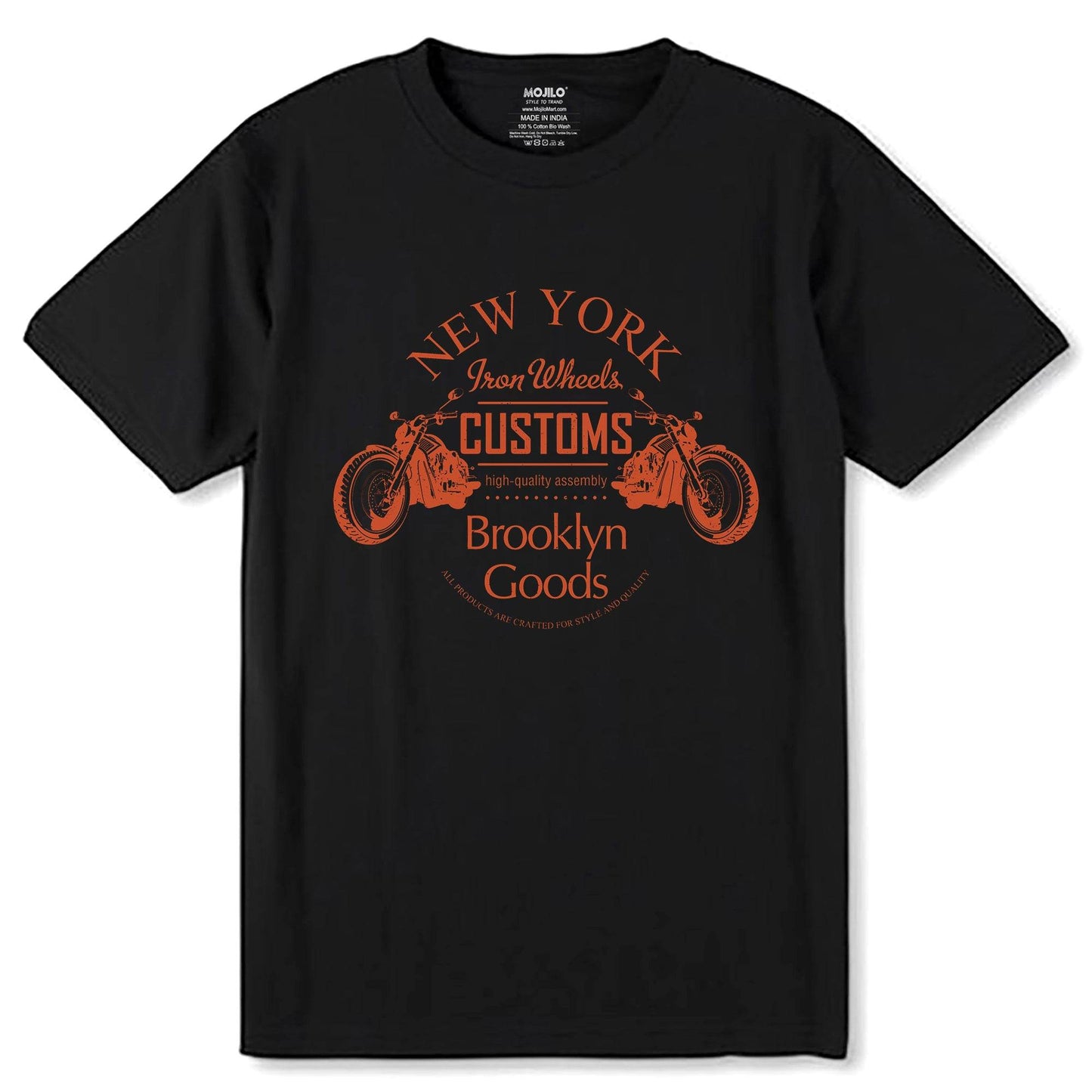 NEW YORK Iron Wheels CUSTOMS Brooklyn Goods - Unisex Round Neck Regular Fit 100% Combed Cotton Half Sleeve T-Shirt - Mojilo Mart