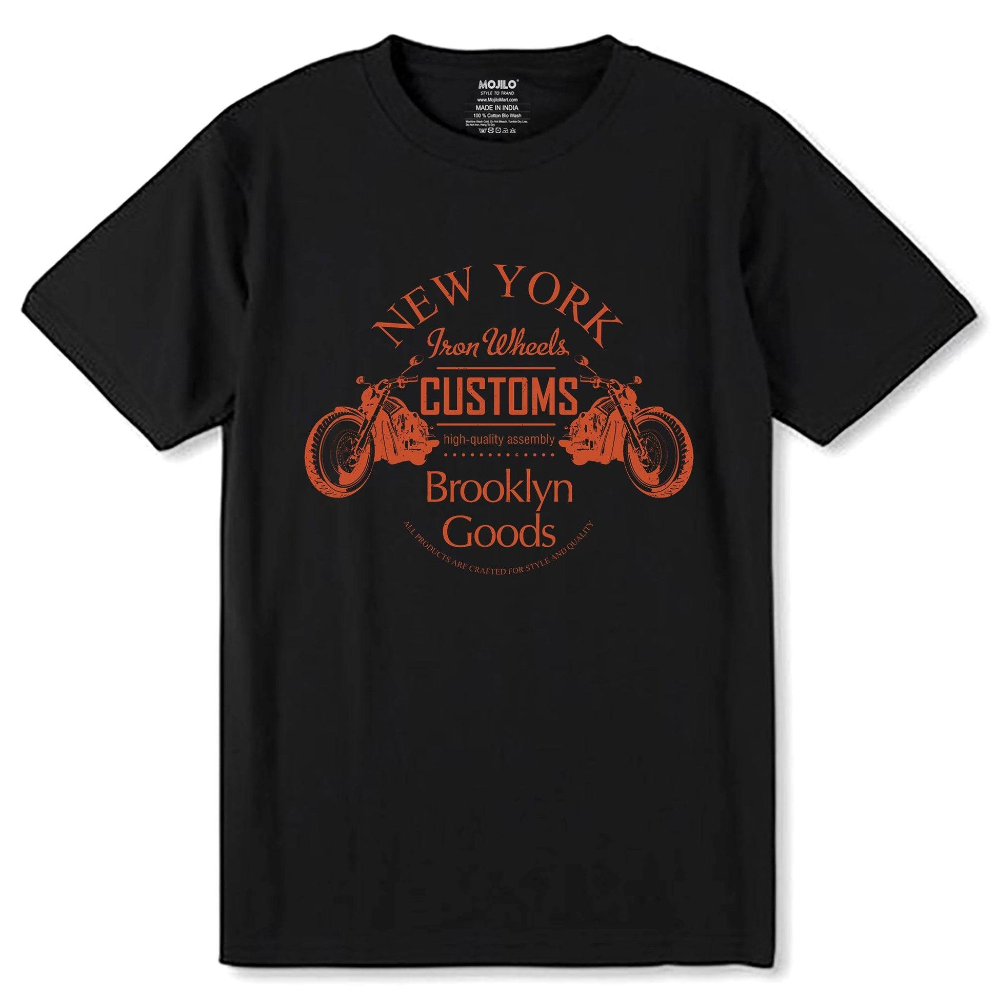 NEW YORK Iron Wheels CUSTOMS Brooklyn Goods - Unisex Round Neck Regular Fit 100% Combed Cotton Half Sleeve T-Shirt - Mojilo Mart