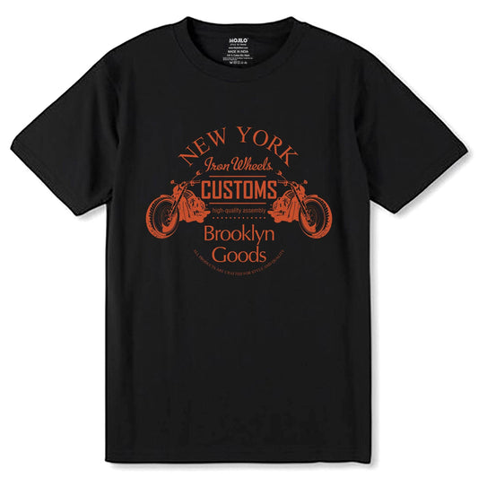 NEW YORK Iron Wheels CUSTOMS Brooklyn Goods - Unisex Round Neck Regular Fit 100% Combed Cotton Half Sleeve T-Shirt - Mojilo Mart
