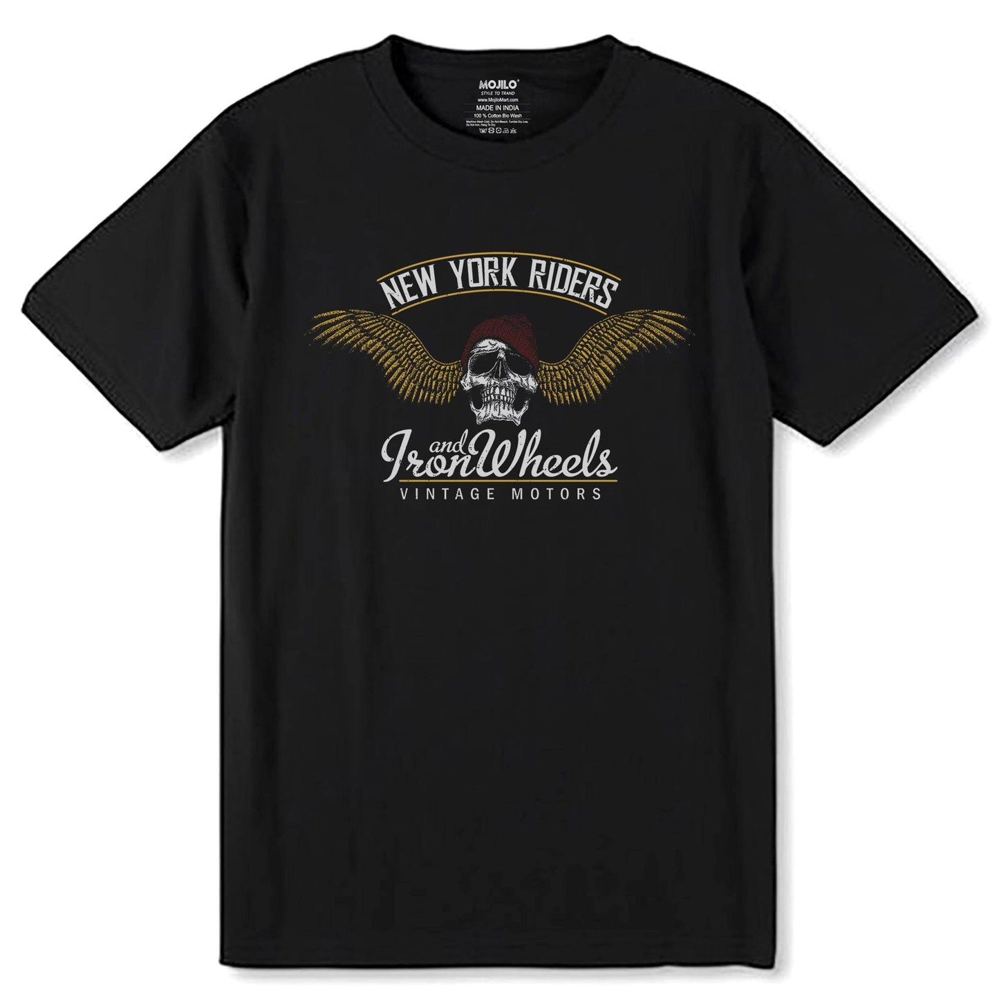 NEW YORK RIDERS AND IRON Wheels VINTAGE MOTORS - Unisex Round Neck Regular Fit 100% Combed Cotton Half Sleeve T-Shirt - Mojilo Mart