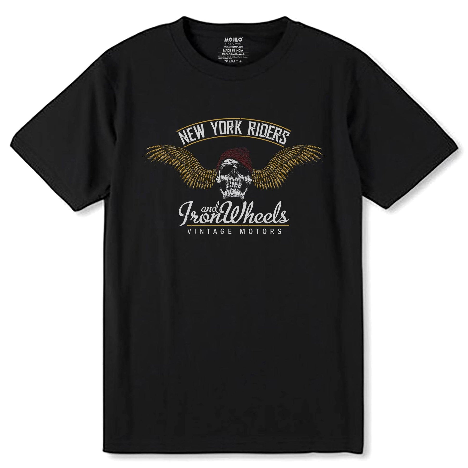 NEW YORK RIDERS AND IRON Wheels VINTAGE MOTORS - Unisex Round Neck Regular Fit 100% Combed Cotton Half Sleeve T-Shirt - Mojilo Mart