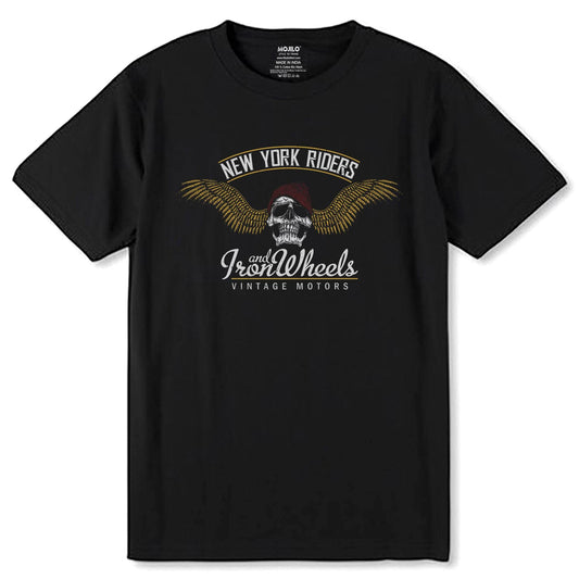 NEW YORK RIDERS AND IRON Wheels VINTAGE MOTORS - Unisex Round Neck Regular Fit 100% Combed Cotton Half Sleeve T-Shirt - Mojilo Mart