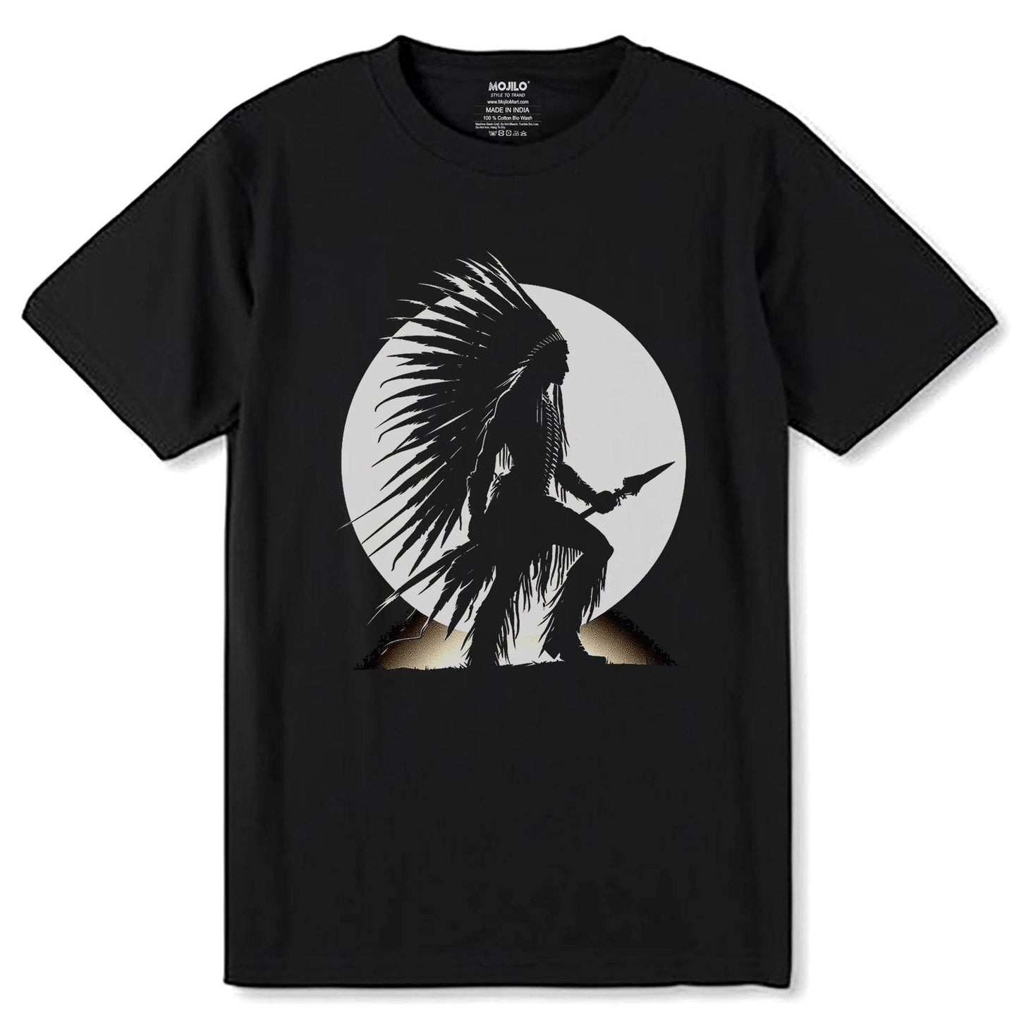 Native American Chief Silhouette vector - Unisex Round Neck Regular Fit 100% Combed Cotton Half Sleeve T-Shirt - Mojilo Mart