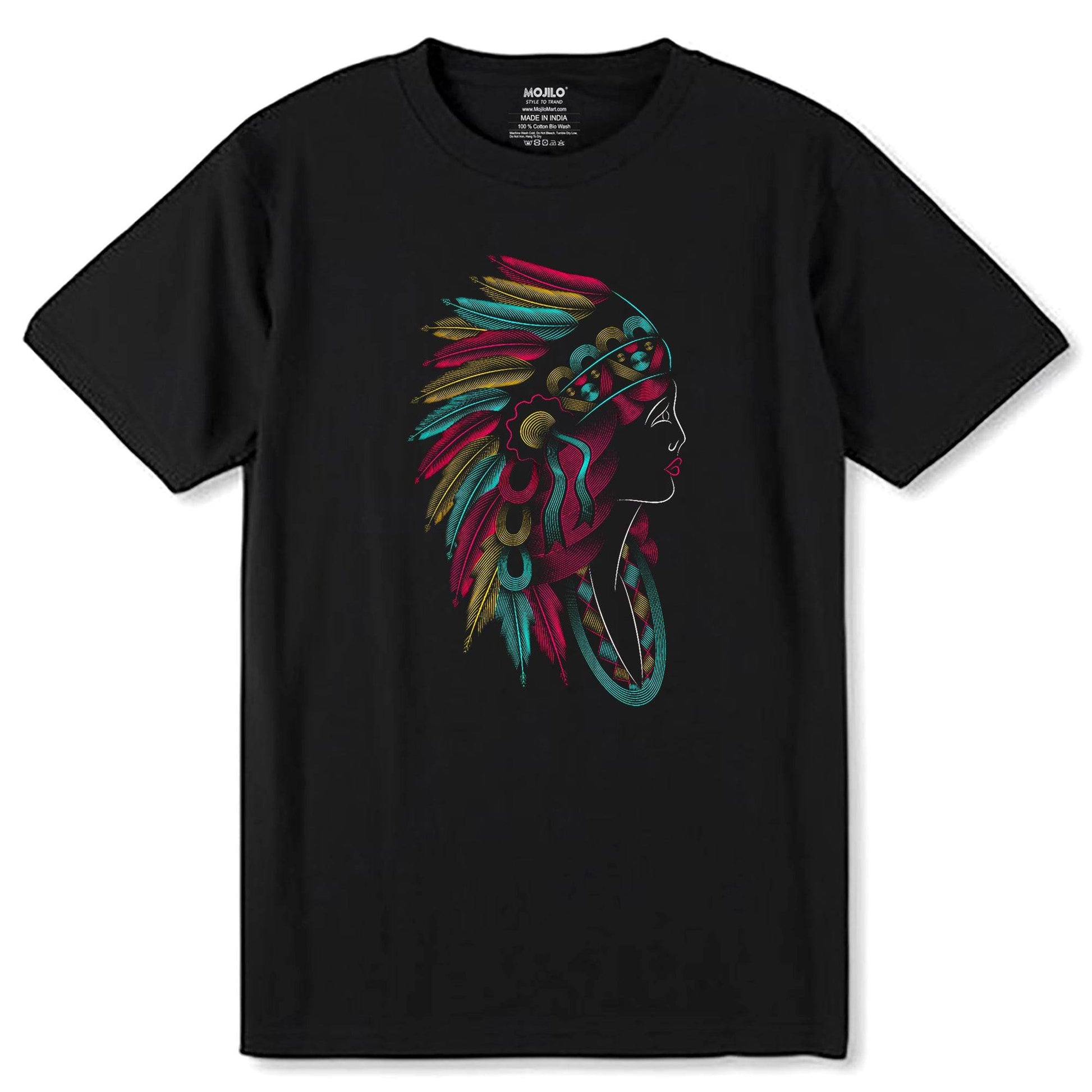 Native American Headdress Feathers Tribal - Unisex Round Neck Regular Fit 100% Combed Cotton Half Sleeve T-Shirt - Mojilo Mart