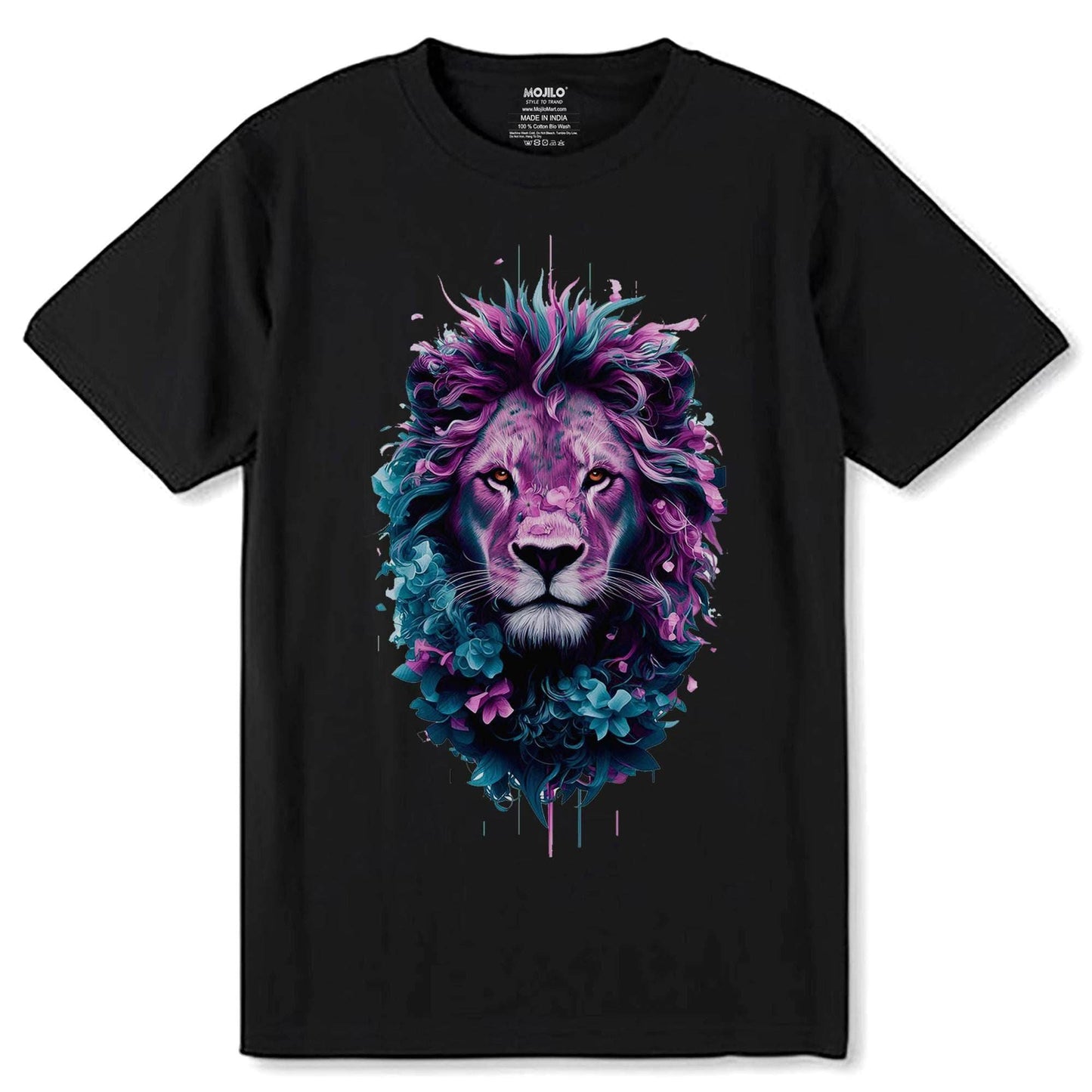Neon light Lion artwork design digital art - Unisex Round Neck Regular Fit 100% Combed Cotton Half Sleeve T-Shirt - Mojilo Mart