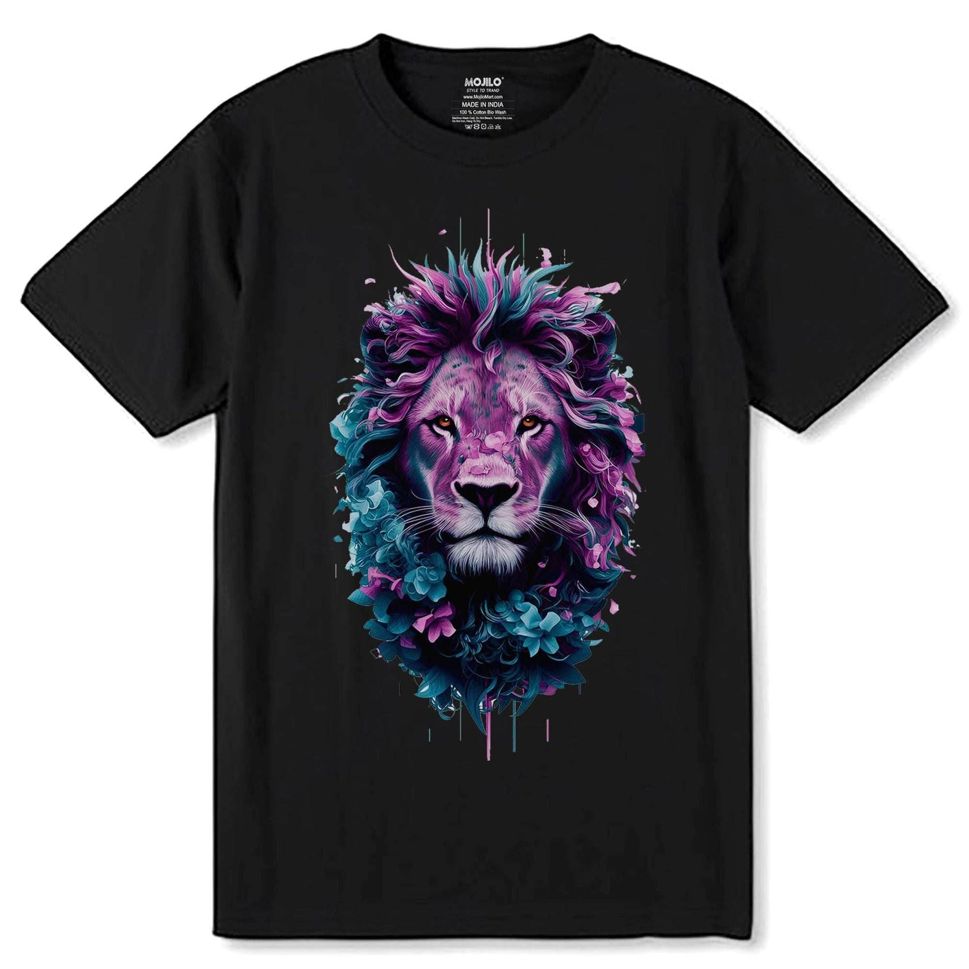 Neon light Lion artwork design digital art - Unisex Round Neck Regular Fit 100% Combed Cotton Half Sleeve T-Shirt - Mojilo Mart