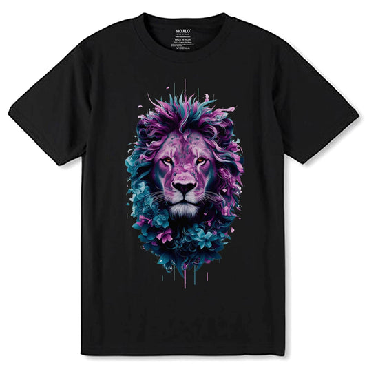 Neon light Lion artwork design digital art - Unisex Round Neck Regular Fit 100% Combed Cotton Half Sleeve T-Shirt - Mojilo Mart