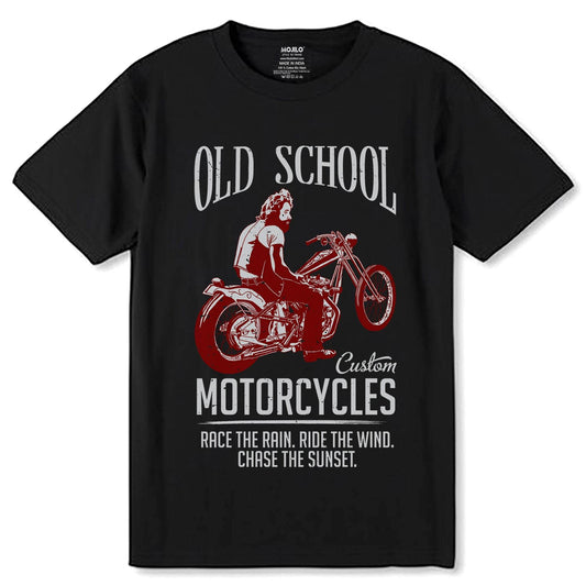 OLD SCHOOL Custom MOTORCYCLES RACE THE RAIN. RIDE THE WIND. CHASE THE SUNSET - Unisex Round Neck Regular Fit 100% Combed Cotton Half Sleeve T-Shirt - Mojilo Mart