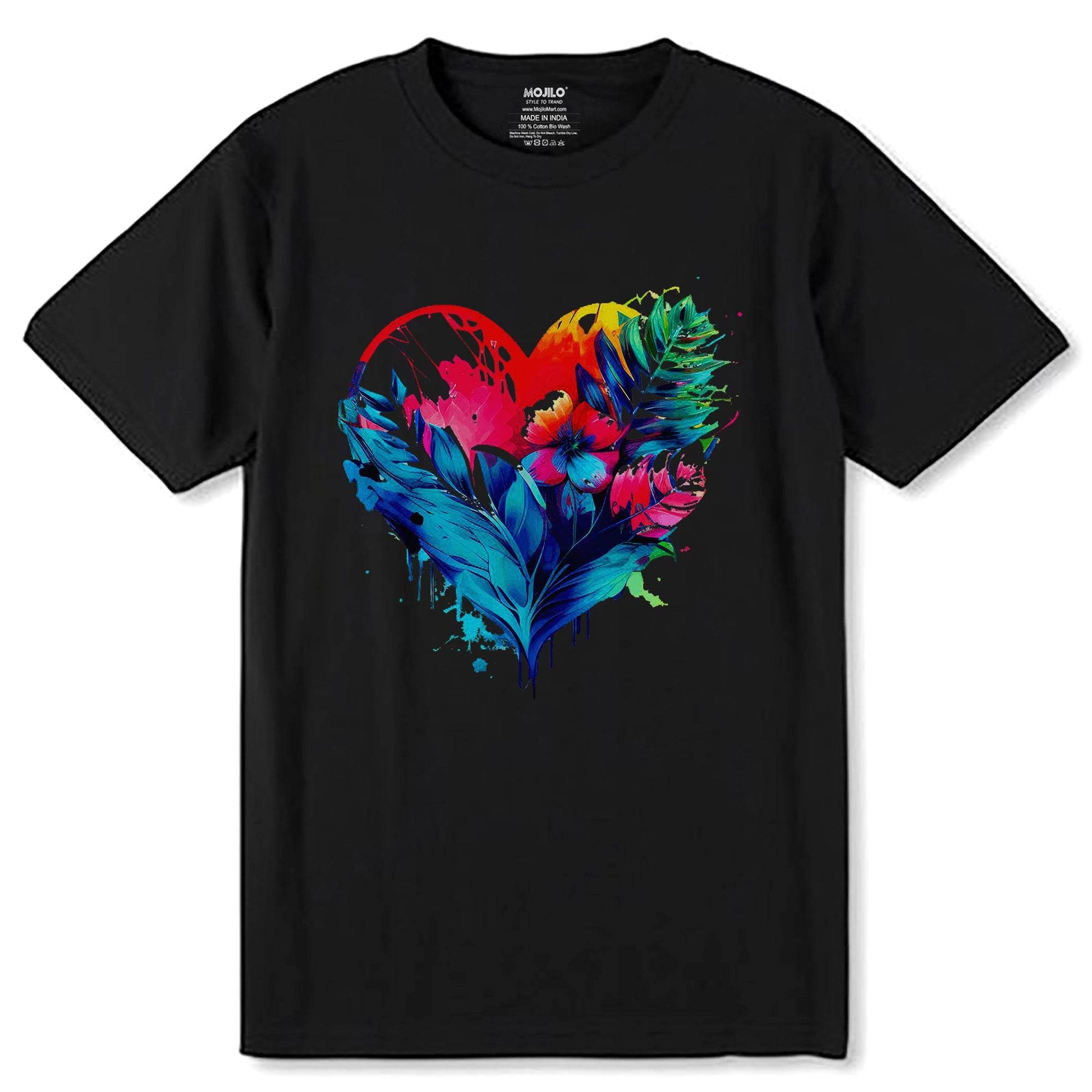 Oil painting of a heart with vines and flowers - Unisex Round Neck Regular Fit 100% Combed Cotton Half Sleeve T-Shirt - Mojilo Mart