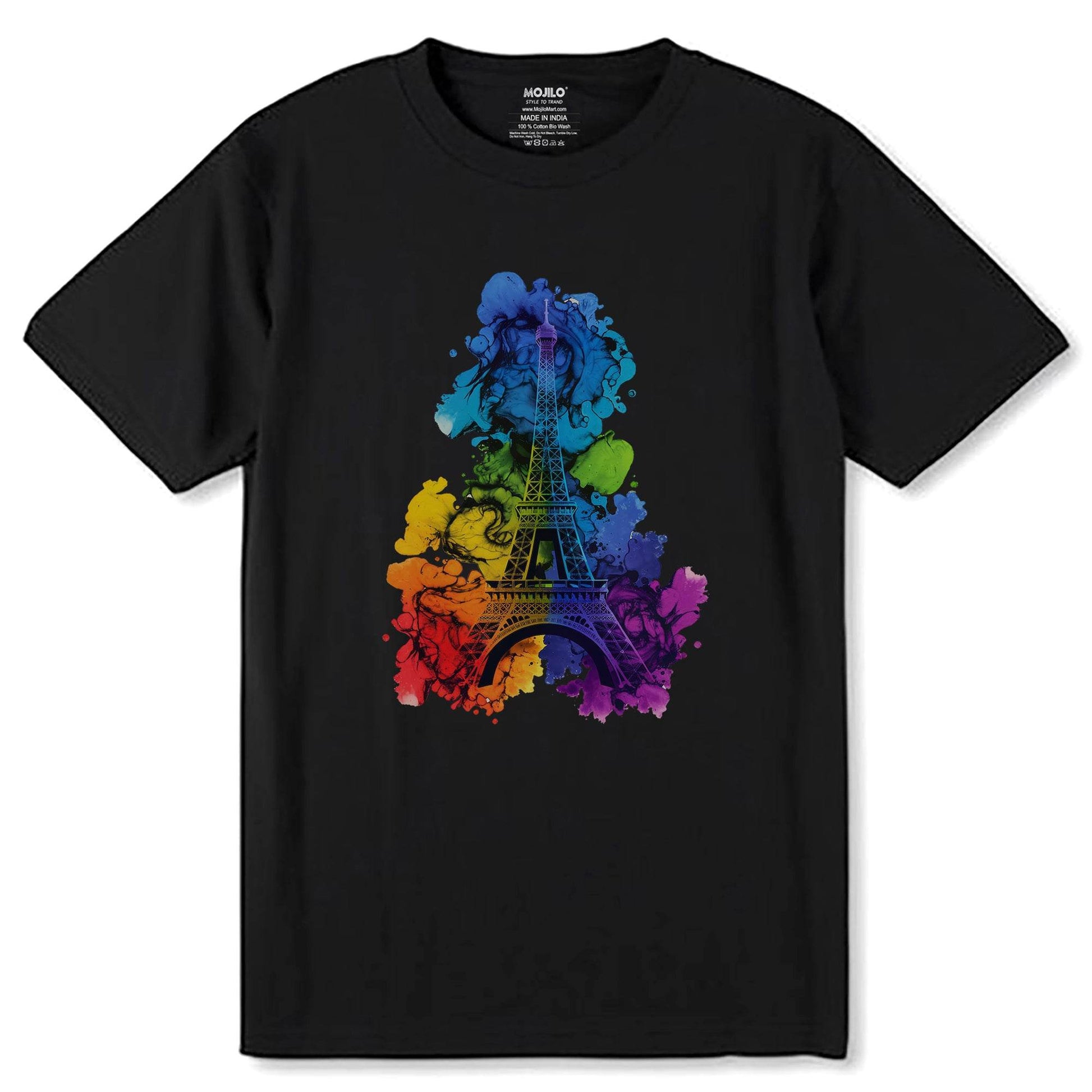 Paris Eiffel Tower Artistic Rainbow - Unisex Round Neck Regular Fit 100% Combed Cotton Half Sleeve T-Shirt - Mojilo Mart