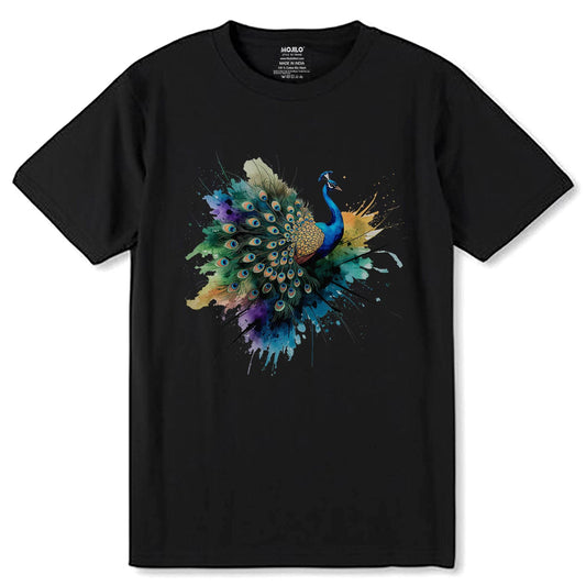 Peacock Splash Art - Unisex Round Neck Regular Fit 100% Combed Cotton Half Sleeve T-Shirt - Mojilo Mart