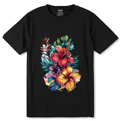 Peacock Summer Flower tropical Hibiscus - Unisex Round Neck Regular Fit 100% Combed Cotton Half Sleeve T-Shirt - Mojilo Mart