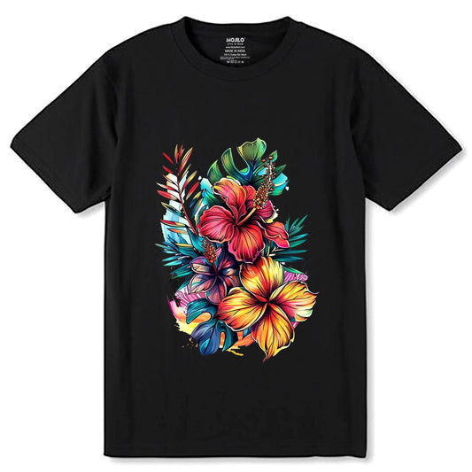 Peacock Summer Flower tropical Hibiscus - Unisex Round Neck Regular Fit 100% Combed Cotton Half Sleeve T-Shirt - Mojilo Mart