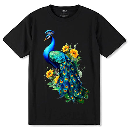 Peacock bird Beauty Flowers Elegant - Unisex Round Neck Regular Fit 100% Combed Cotton Half Sleeve T-Shirt - Mojilo Mart