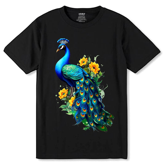 Peacock bird Beauty Flowers Elegant - Unisex Round Neck Regular Fit 100% Combed Cotton Half Sleeve T-Shirt - Mojilo Mart